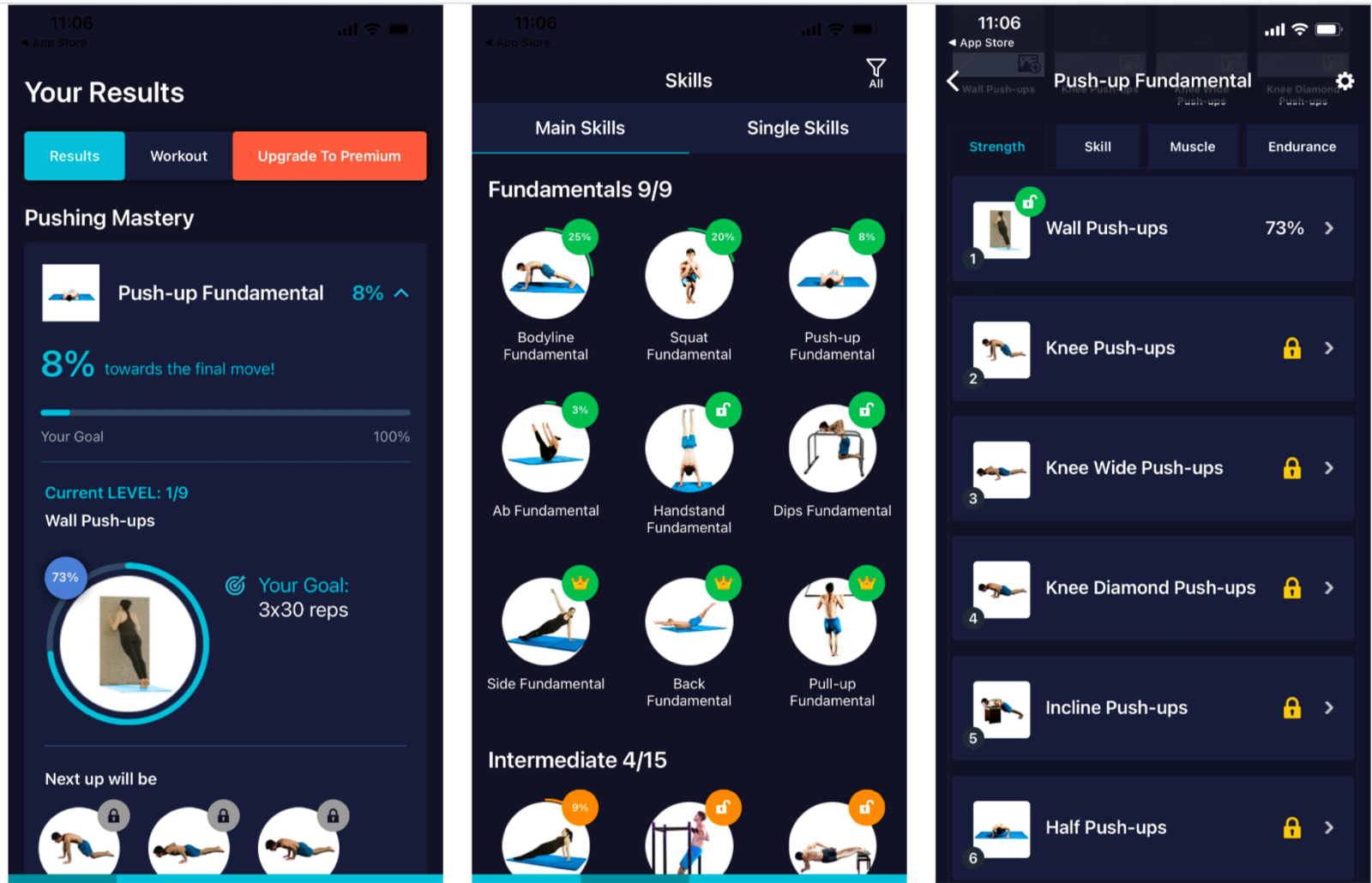 Three Movement Athlete app screens: your results with push-up progress, the nine-fundamentals skills grid, and the push-up progression ladder