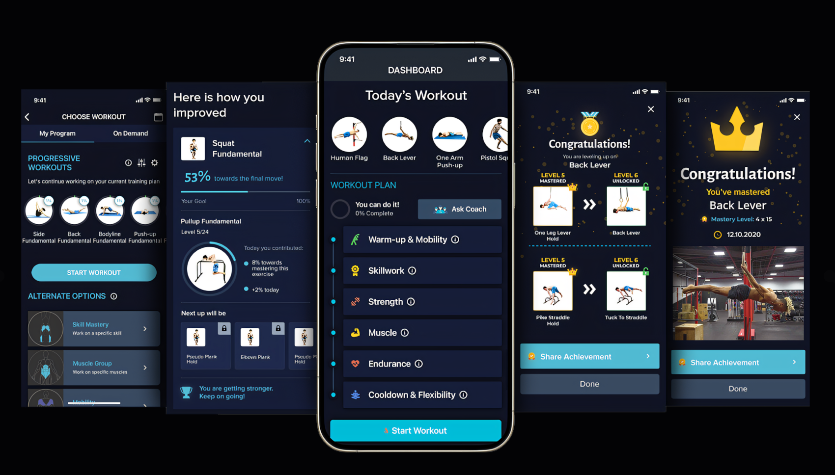 Five screens of The Movement Athlete app: choosing a workout, progress review, today's workout, levelling up, and a mastered skill