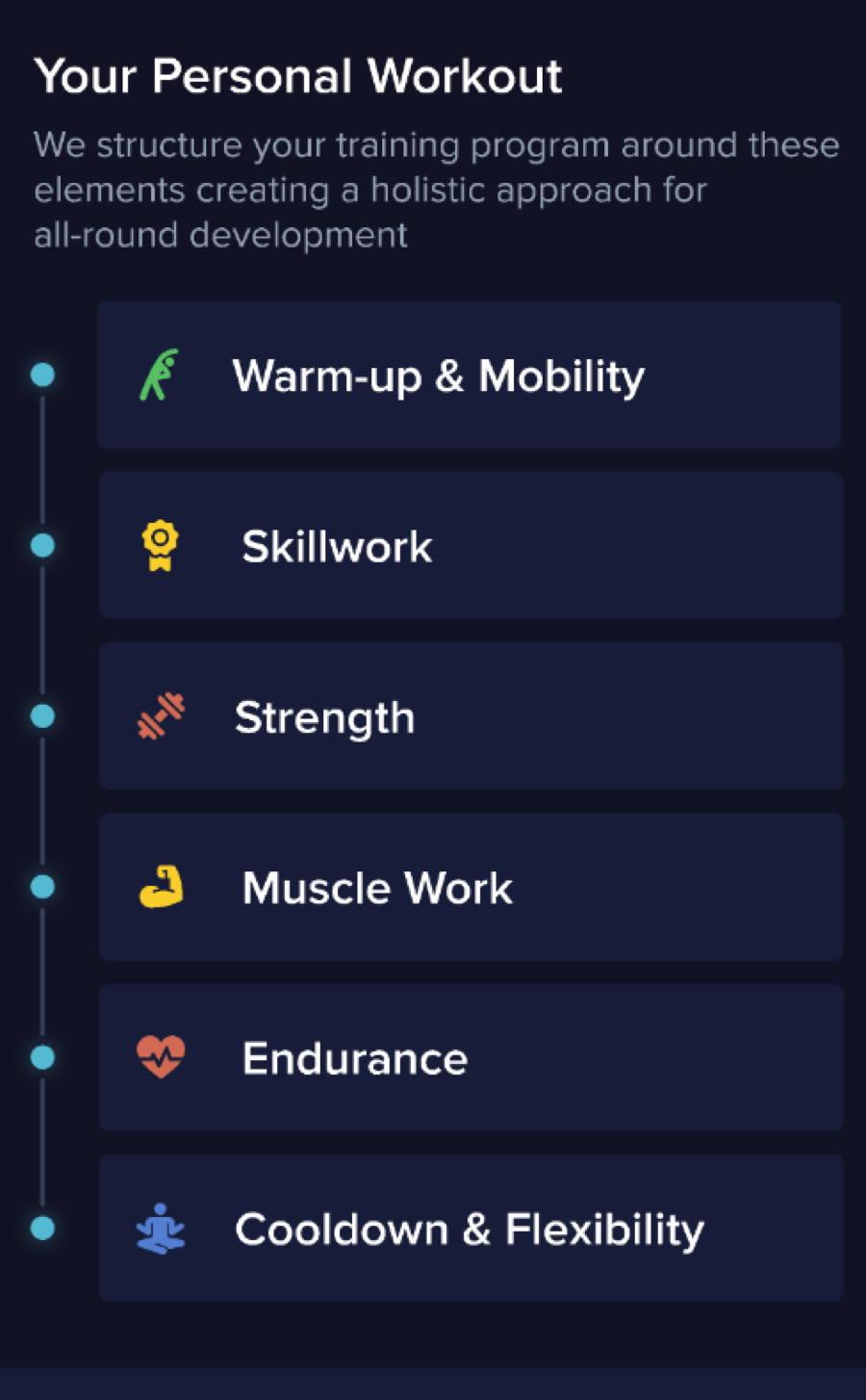 The Movement Athlete app personal workout structure listing warm-up, skillwork, strength, muscle work, endurance and cooldown