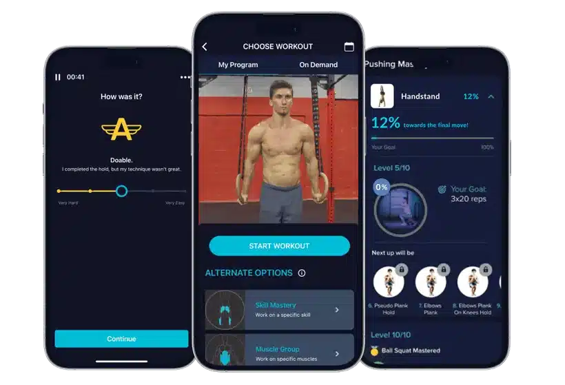 The Movement Athlete app showing a personalised calisthenics plan with skill progress